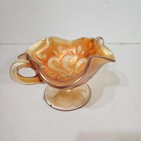 Vintage Dugan Carnival Glass Question Mark Pattern Bon Bon Dish Double Handle - Picture 4 of 8